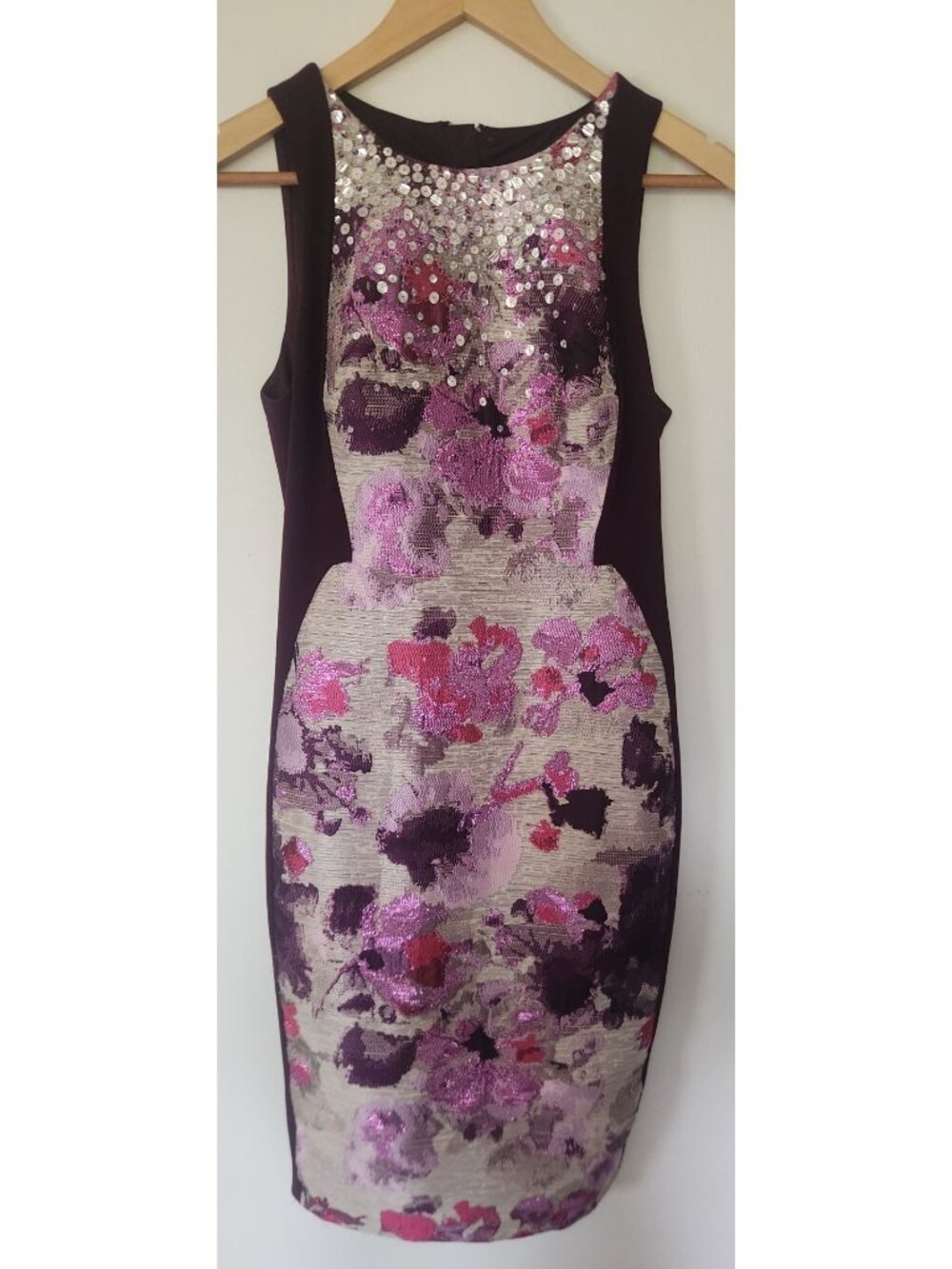 Adrianna Papell Women's Sz. 2 Purple Floral Sleeveless Colorblock Sheath Dress